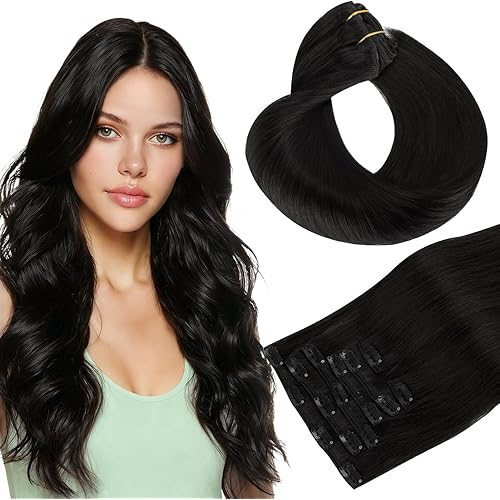 HOTBANANA Human Hair Clip in Hair Extensions, Jet Black 120g Clip in Hair Extensions Real Human Hair Straight Remy Hair 18 Inch 7pcs