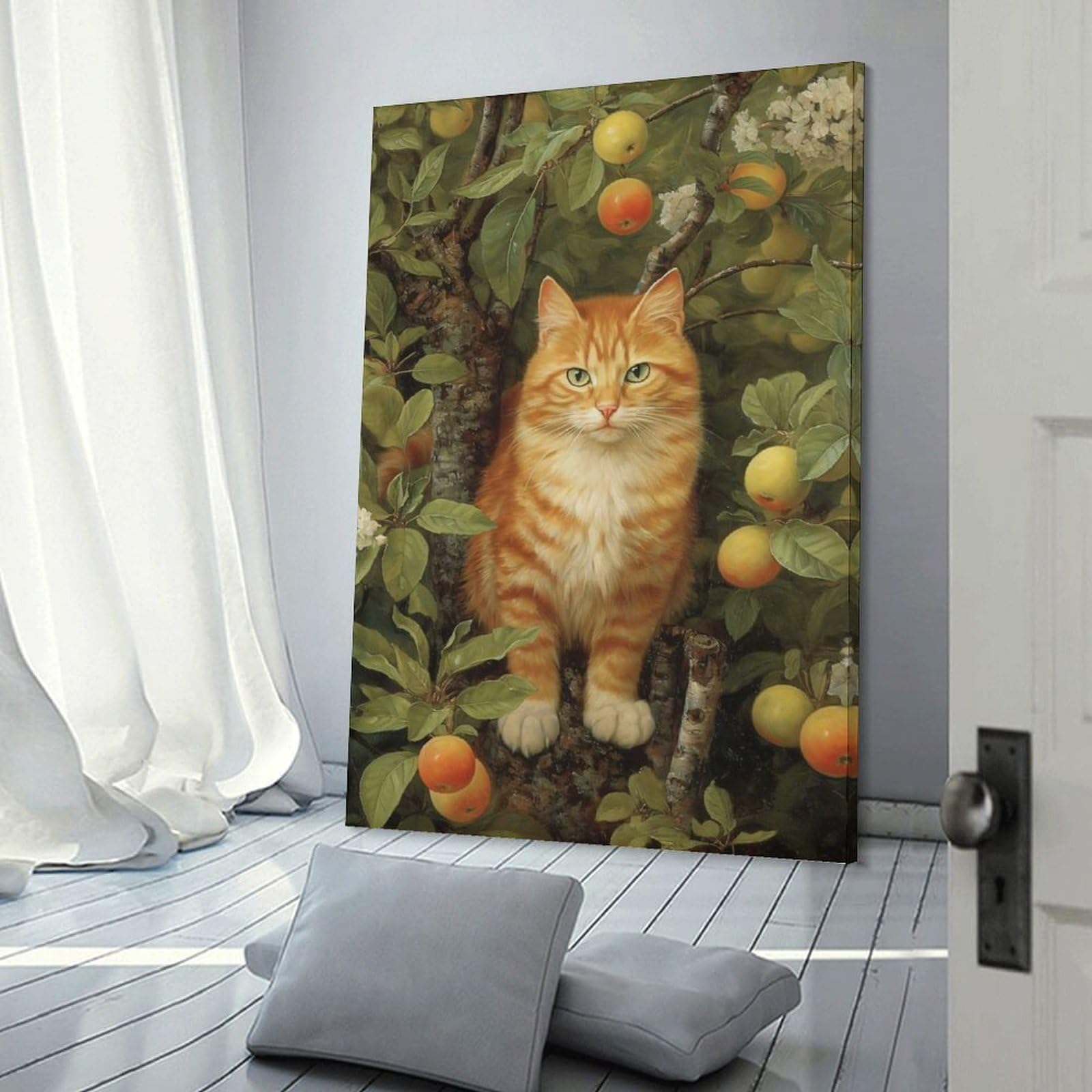 Junmoney Room Decor Wall Art Ginger Cat in Apple Tree, 16x24inch(40x60cm), for Workspace Walls, Study Corners Or Bedrooms, A Smart Decor Choice for Study Walls