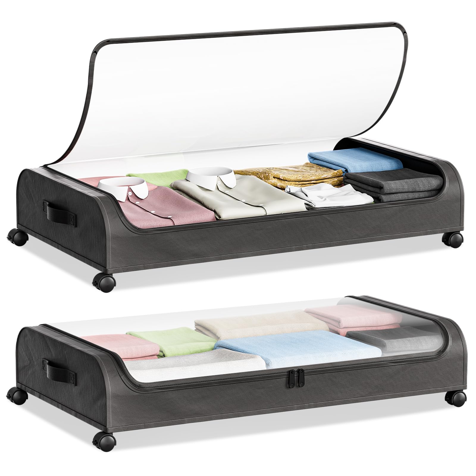 2PCS 50L Bolsas Almacenaje Ropa Debajo de la Cama con Ruedas, Bolsa Almacenamiento Plegable con Ventana Transparente, Organizador Armario para Abrigos Mantas Edredones