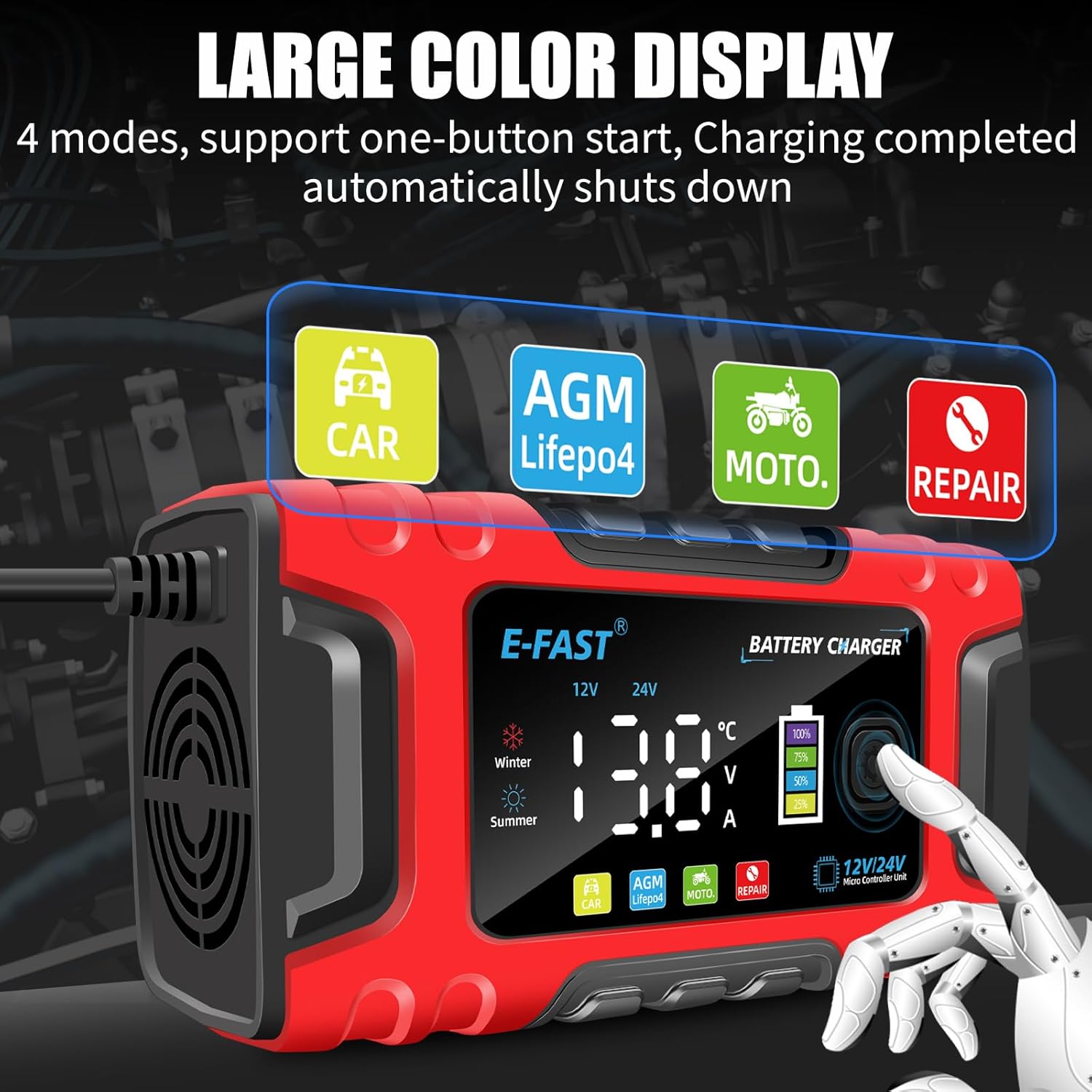 Close-up of the E-FAST battery charger's large color display showing different modes