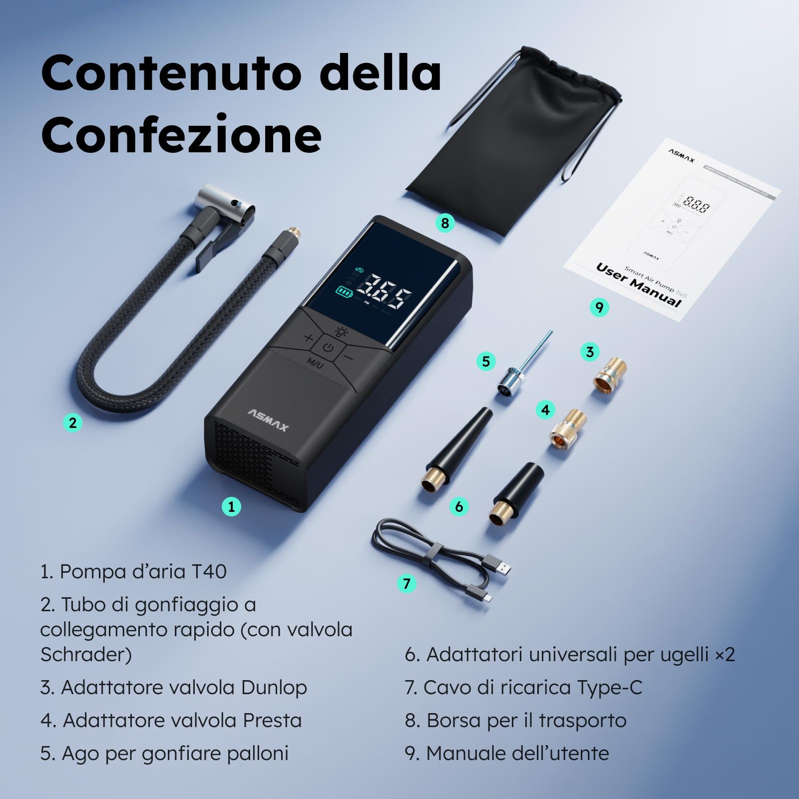 ASMAX T40 Compressore d'Aria Portatile 150 PSI con Batteria 6000mAh | Gonfiatore Elettrico Senza Fili, Display Digitale, Spegnimento Automatico e Luce LED, per Auto, Moto, Biciclette e Palloni