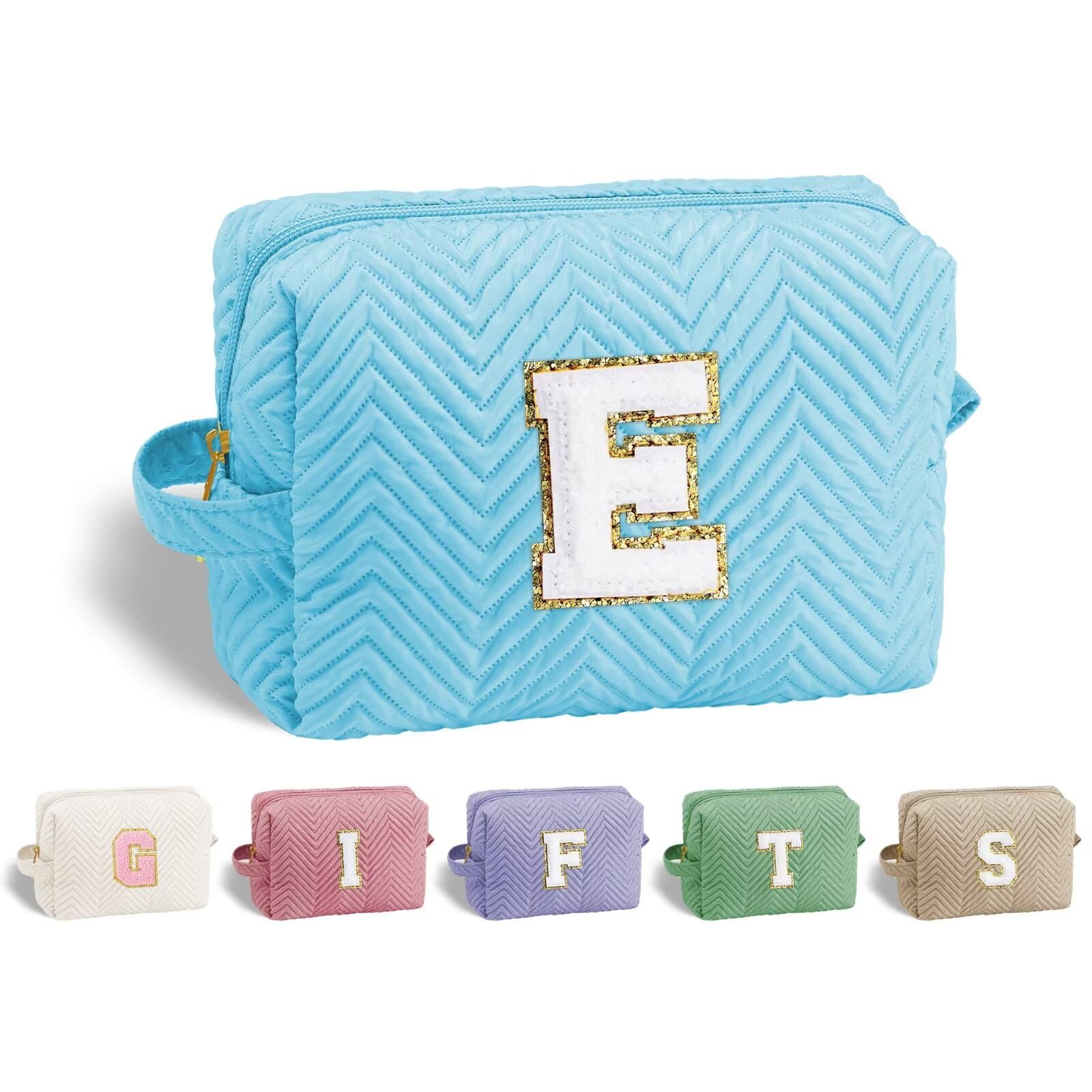 YOOLIFE Christmas Gifts for 4 5 6 7 8 9 10 11 12 13 14 Year Old Girl, Initial Makeup Bag Cosmetic Bag for Girls Teen Daughter Sister,Personalized Stocking Stuffers for Teen Girl Kid | Blue E