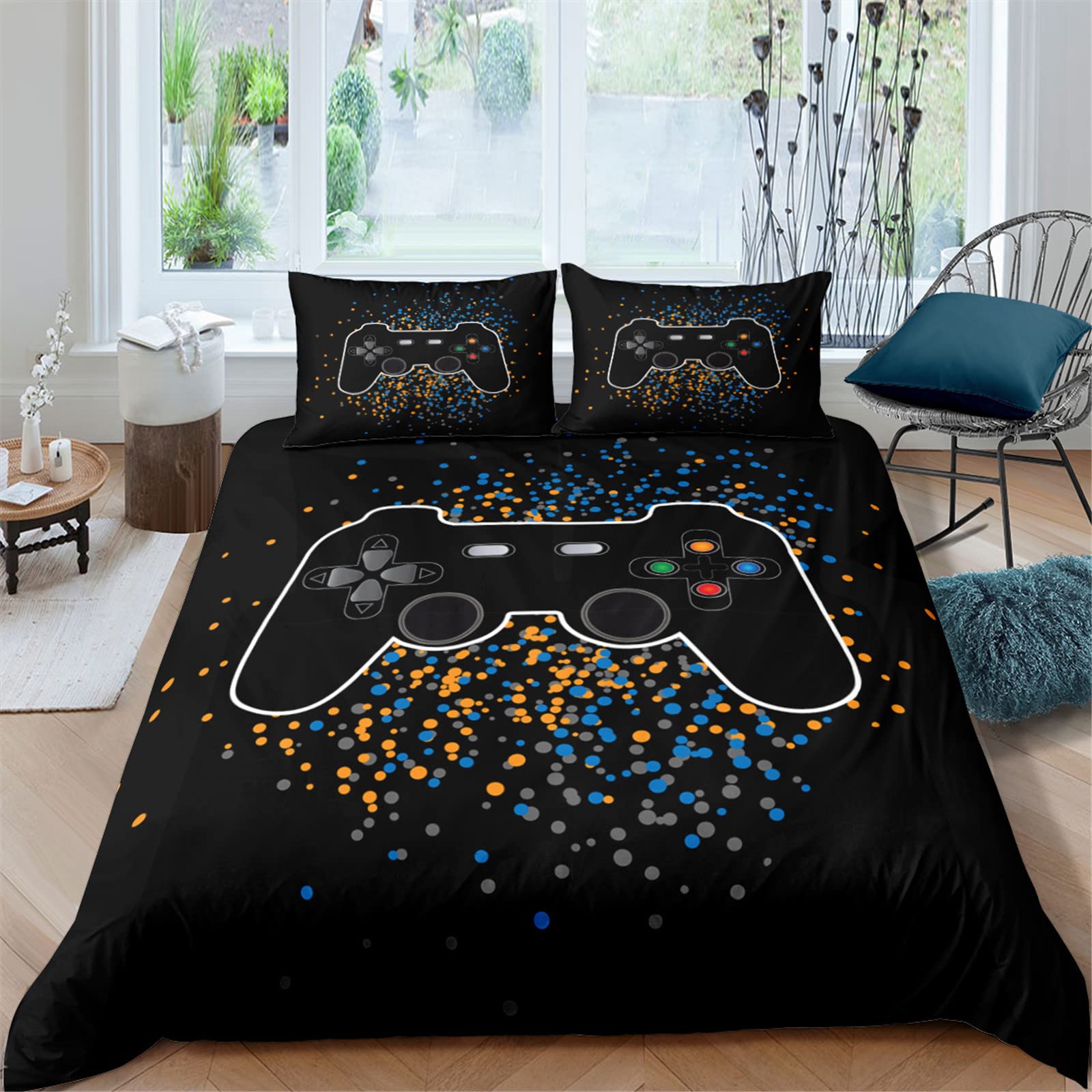 Meiju-Shop Men's Blue Polka Dots Meiju 2/3 Piece Bedding Duvet Cover Set For Single Double King Size, 3D Gamepad Print Bedding Set Soft Microfibre Duvet Sets With Zipper Quilt Cover + Pillowcases (,180X210cm)