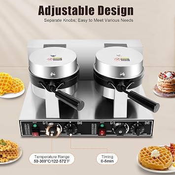 Double Heads Waffle Maker Machine, 110V 2400W Waffle Making Machine Commercial Non-stick Round Waffle Maker for Bakery Restaurant Snack Bar Household