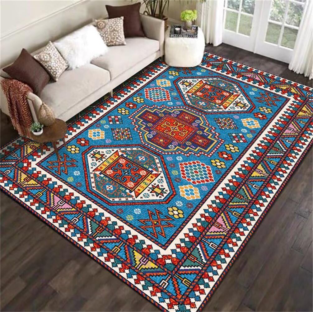 Tapis de salon lavable 100x200cm à motif géométrique bleu et rouge