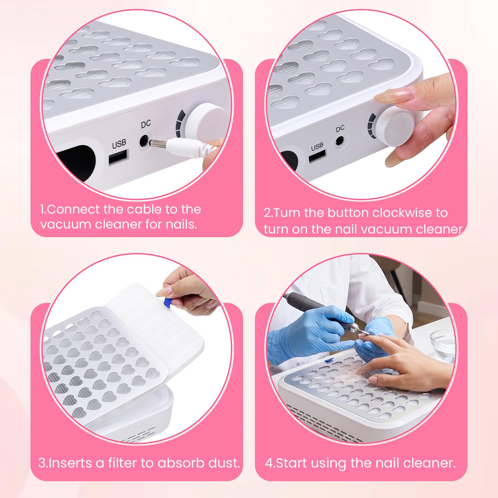 Aspirador Uñas Profesional 56w, Con Salida USB Y Pantalla LED, Succión Ajustable, Filtro Reutilizable, Adecuado Para Manicura Y Pedicura, Blanco