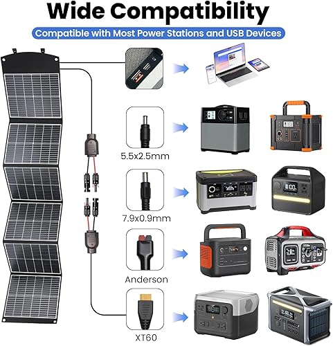 Miniatura 4 de Panel solar portátil de 200 W, cargador de panel solar plegable con soportes, QC3.0 USB-A USB-C y salida MC4 para teléfonobanco de energíaestación