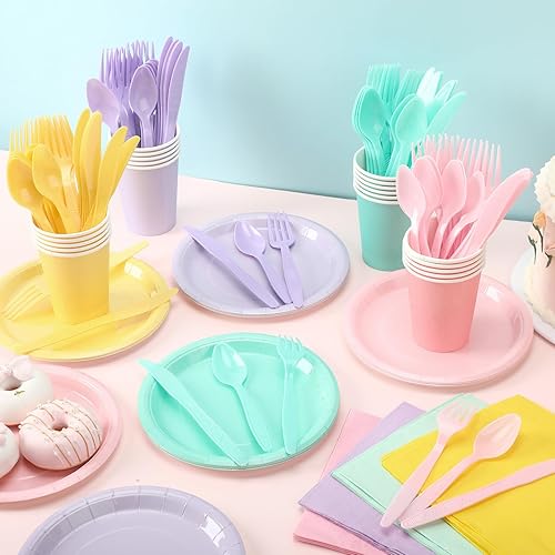 Miniatura 3 de Mifoci Juego de vajilla desechable pastel de 96 piezas, incluye platos de papel pastel, vasos, servilletas, cuchillos de plástico, tenedores,