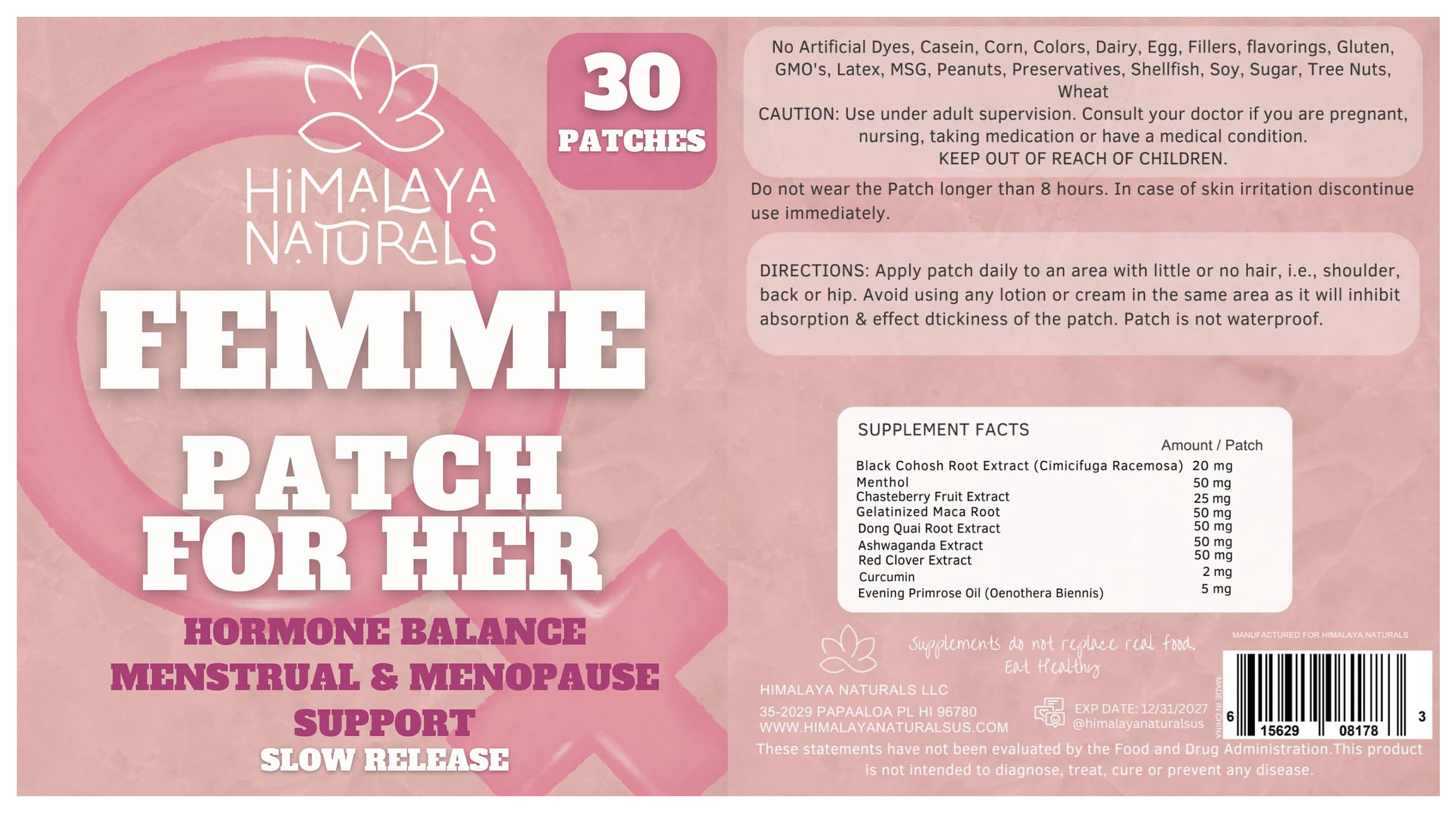 Femme Herbal Patches – 30-Day Supply – Non-Latex, Vegan-Friendly, and Easy to Use