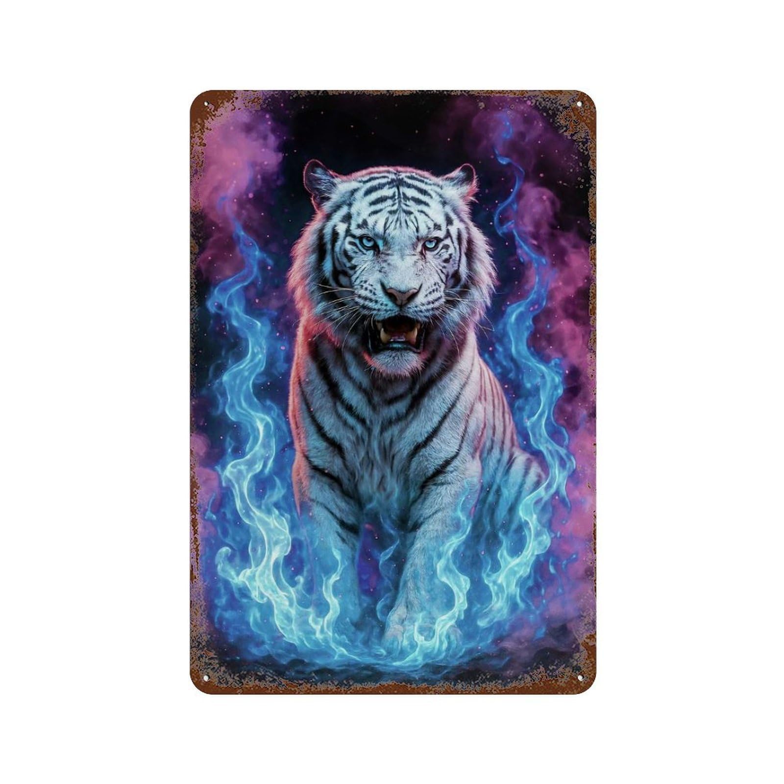 White Tiger in Flames 11.8"x7.9" Weathered Tin Sign, Rustic Home Decor for Living Room, Hallway And Home Decor