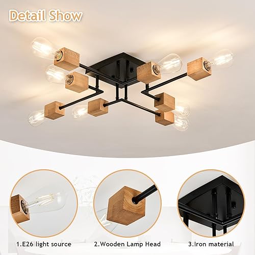 Miniatura 4 de Lámpara Sputnik moderna de 8 luces, color negro y madera, estilo retro, mate, lámpara de techo bohemia para cocina, comedor, sala de estar,