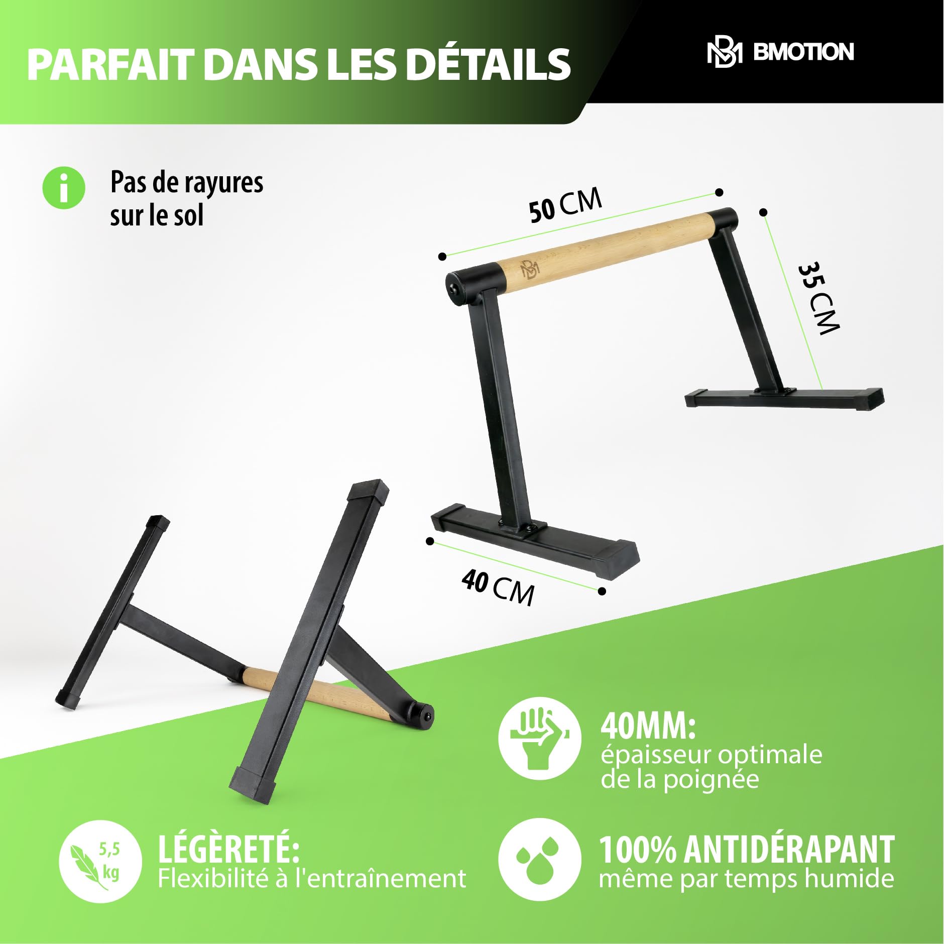 Müller & Blum – Parallettes En Bois De Hêtre, Poignées Ergonomiques 4 Cm, Calisthénie, Push-up, Dips, Charge Max 300 Kg