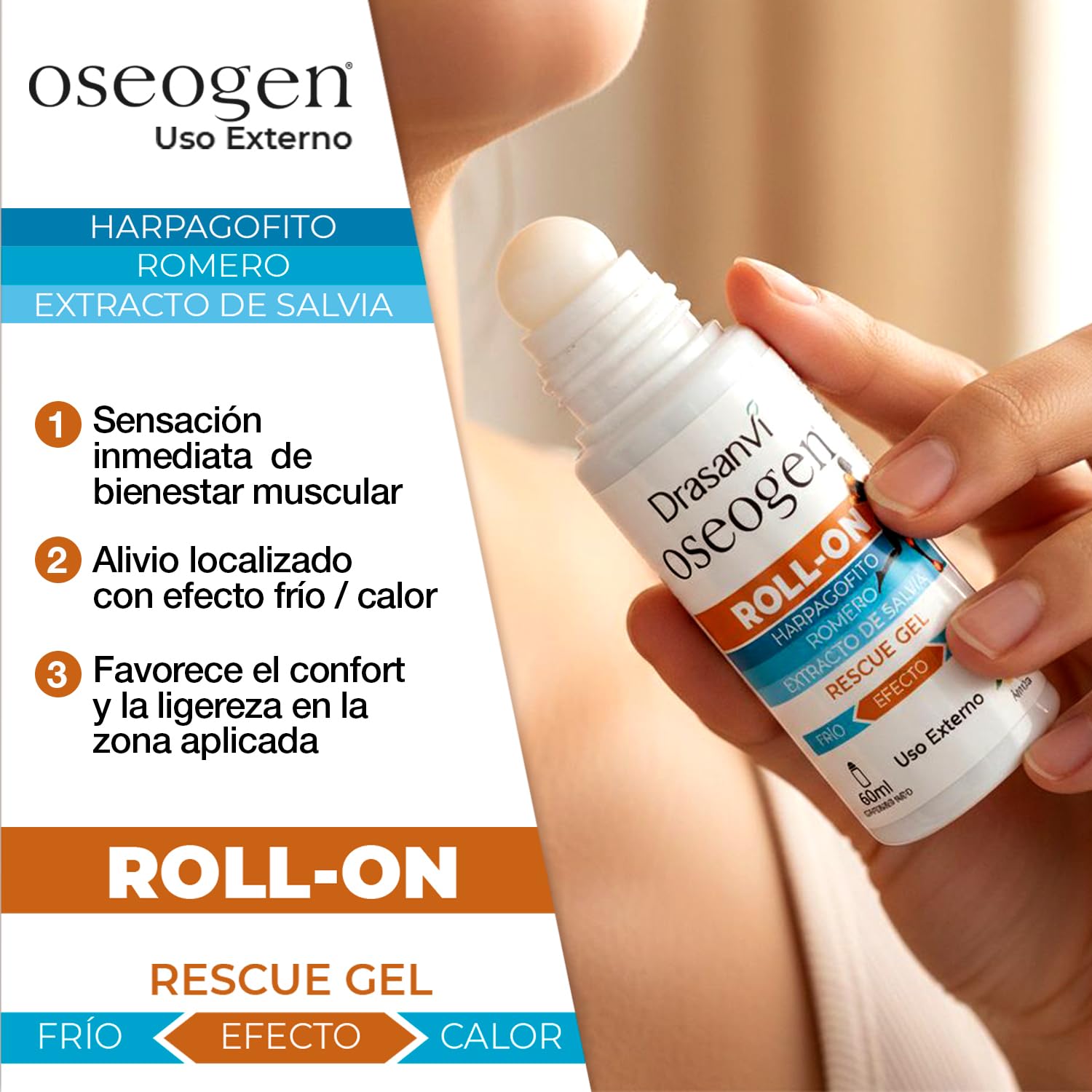 OSEOGEN Rescue Gel Roll-On con Árnica | Acción Localizada Frio-Calor| Para Músculos y Articulaciones |Efecto Analgésico y Antiinflamatorio | Con Extractos Vegetales,Rápido Alivio y Bienestar,60 ml