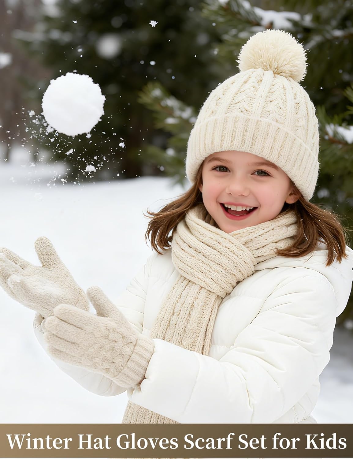Winter Hat Gloves Scarf Set for Kids, Girls Toddler Pom Pom Knit Beanie Hat and Glove Set for Christmas Gift - Image 2