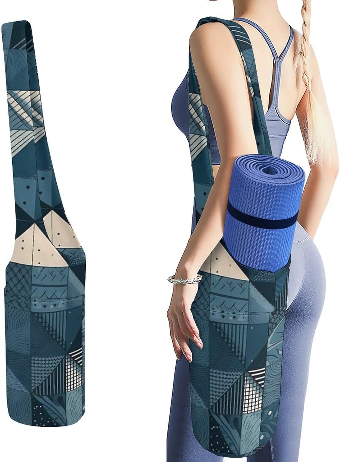Canvas Yoga Bag,Blue Geometric Pattern Printed Yoga Mat Handbag,Portable Yoga Mat Bag Large Capacity Gym Bag for Men Women Pilates Beach Travel