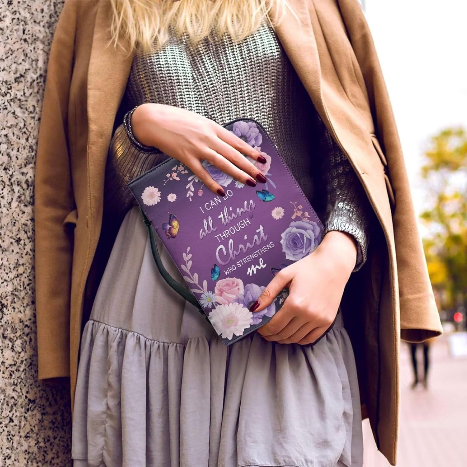 Poceacles Violet Rose Butterfly Daisy Flower Bible Cover for Men Women, PU Leather Bible Case with Handle Pen Storage and Zipper Pocket, Waterproof Book Organizer Totes, East to Clean, XL