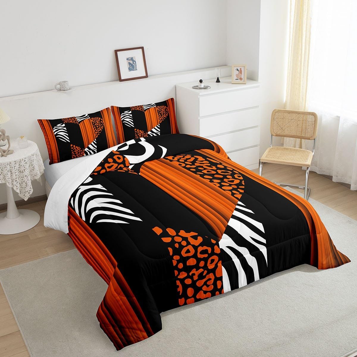Feelyou Orange Black Leopard Comforter Set King Size Cheetah Sweetheart Comforter for Kids Teens Adults Safari Love Heart Bedding Set Zebra Duvet Set Room Decor 3Pcs with 2 Pillow Case