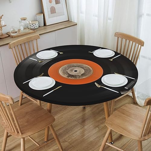 Miniatura 5 de Mantel redondo con estampado de discos de vinilo vintage, mantel redondo impermeable con borde elástico, se adapta a mesas redondas de hasta 40 a 50