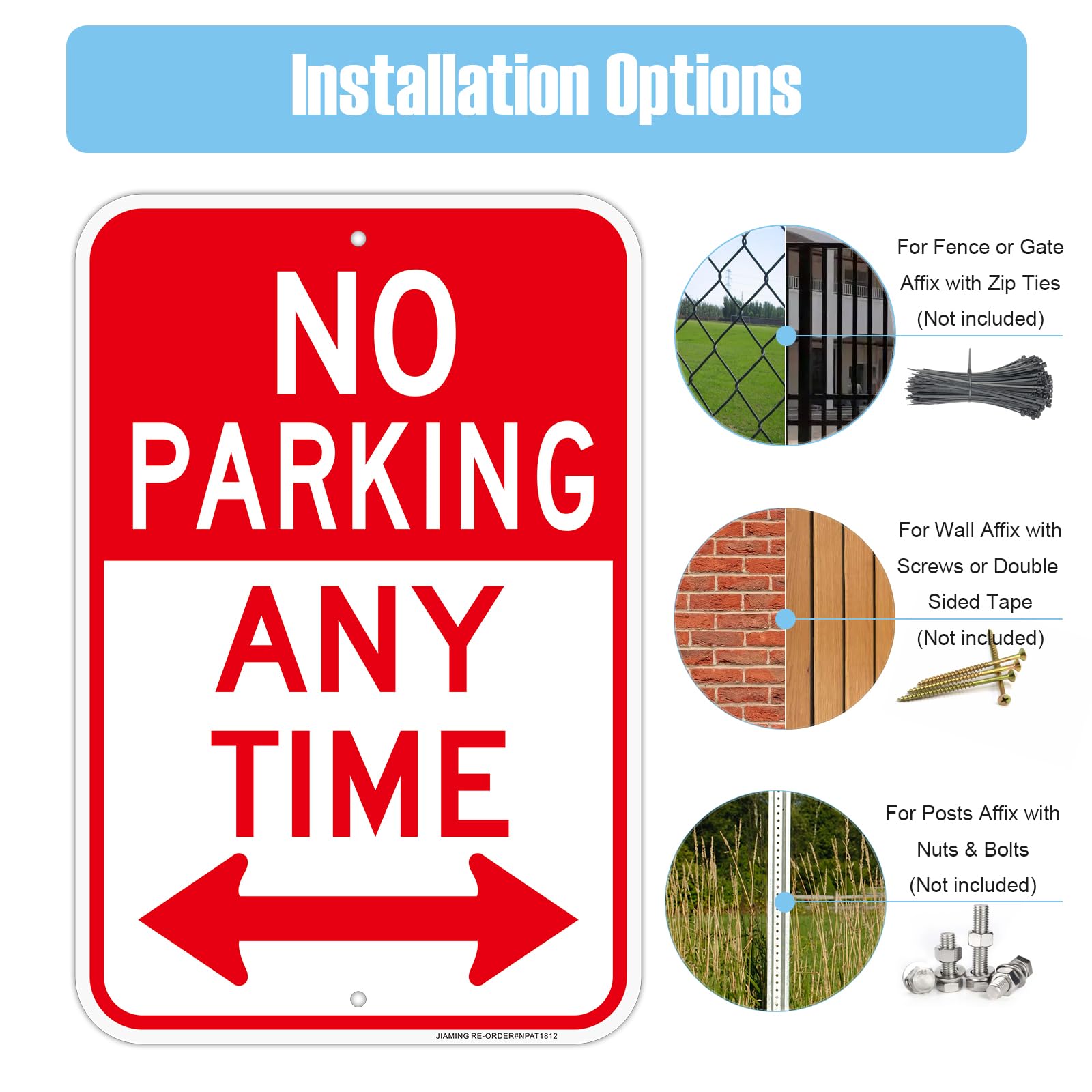 JIAMING Señal de no estacionar en cualquier momento con flechas, señal de no estacionar, letrero de cualquier hora, (2 unidades) de 18 x 12 pulgadas, lámina reflectante de grado ingeniero de aluminio