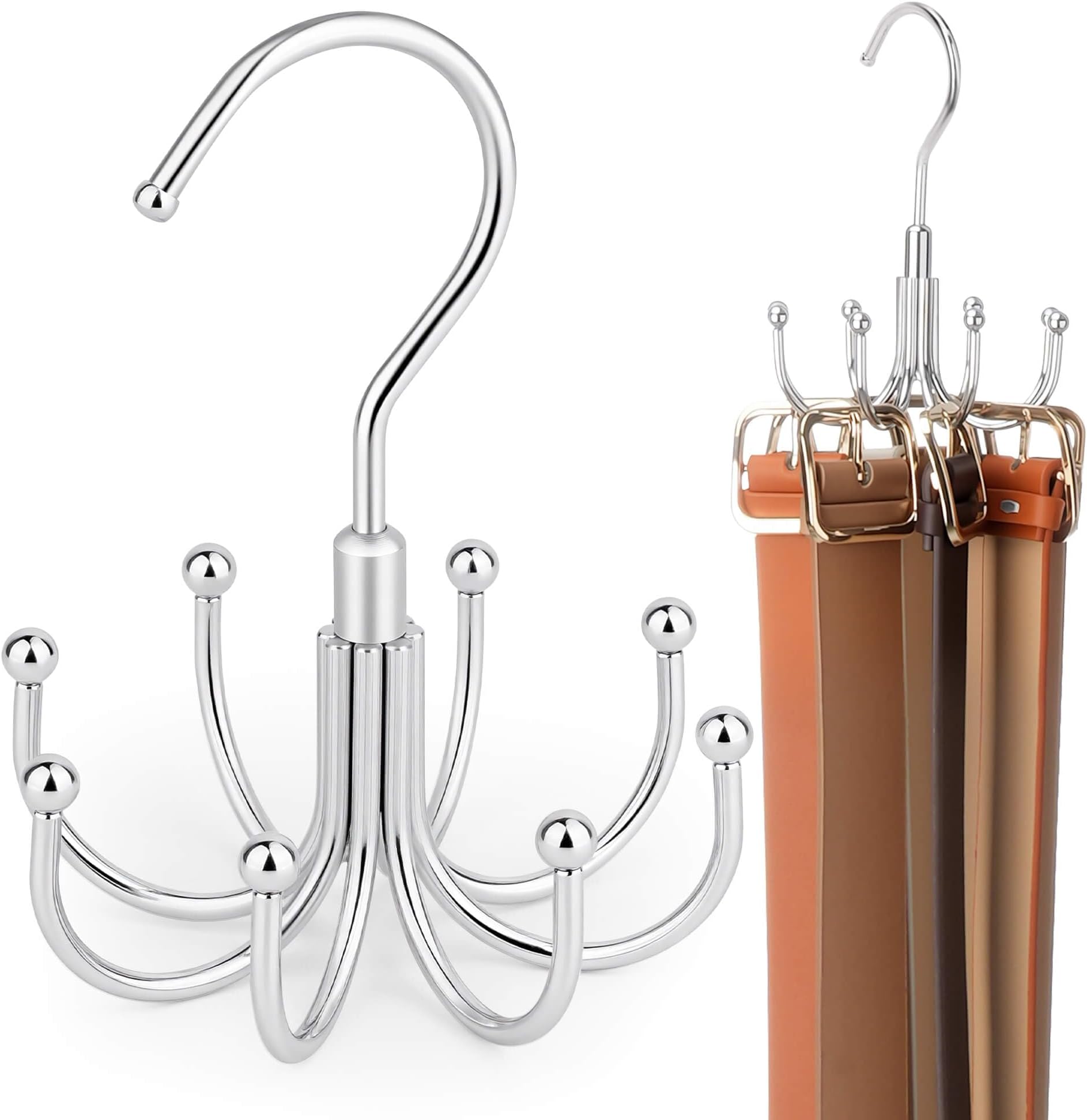 ZEDODIER 2 Pack Belt Organizer for Closet, Heavy-Duty Rotating Belt Hanger Rack Holds up to 48 Belts, Hanging Space Saving Metal Belt Holder for Closet Storage, Silver