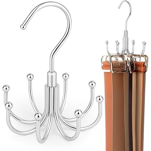 ZEDODIER Belt Organizer for Closet, Heavy-Duty Rotating Belt Hanger Rack Holds up to 24 Belts, Hanging Space Saving Metal Belt Holder for Closet Storage, Silver