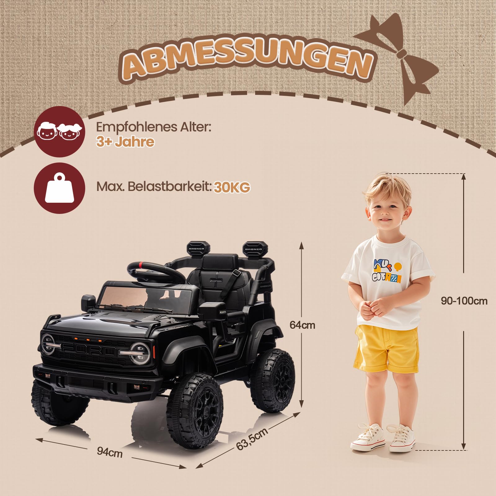 Bonnlo Ferngesteuertes Auto Ford Bronco Raptor, Elektrofahrzeug ab 3 Jahren, Kinder Elektroauto mit Fernbedienung, 2 x 25W Motoren, Zwei Fahrmodi, Auto Spielzeug, 1 Sitzer, Schwarz