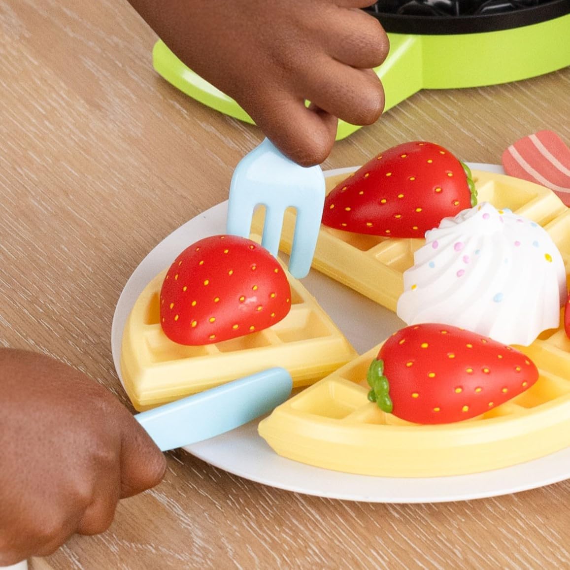 Play Food Sets for Kids Kitchen Toys, Pretend Breakfast Playset with Plush Waffle Toppings Syrup Bottle and Plate, Fake Food and Toy Kitchen Accessories Look So Realistic