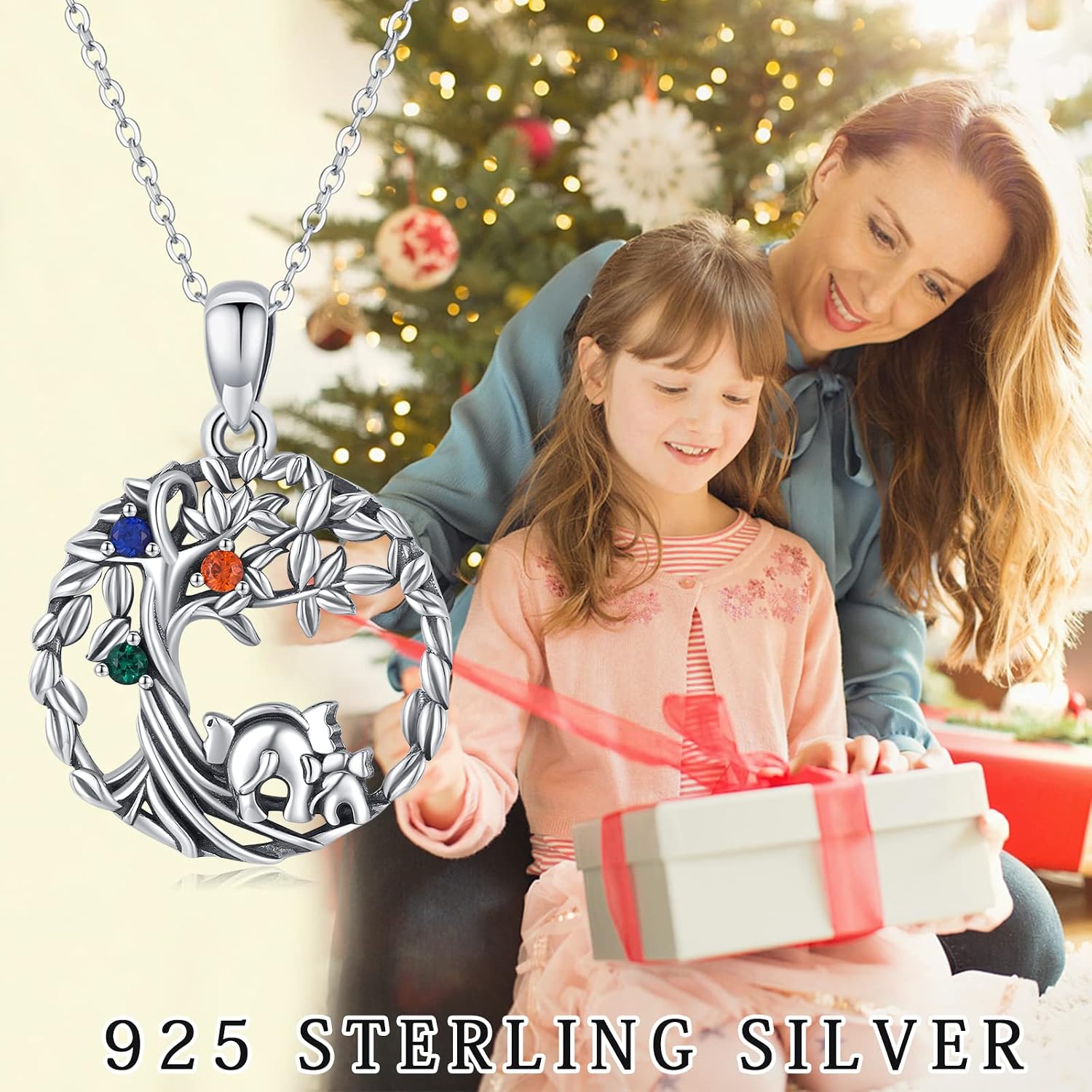 Elephants Necklaces Sterling Silver 2 Elephants Tree of Life Necklace Mother and Child Elephant Pendant Jewelry Gifts for Women Mom Mother's Day