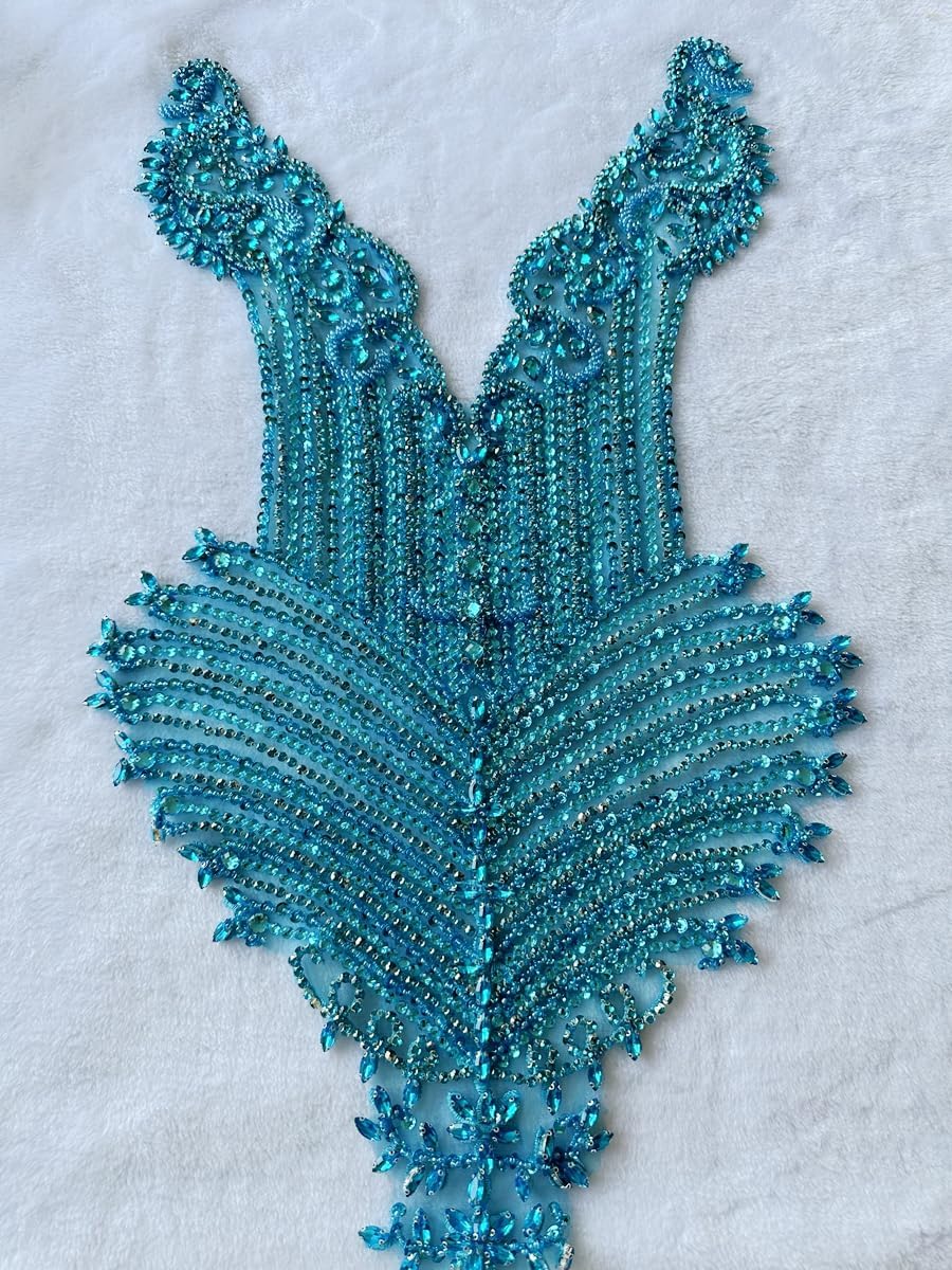 Handsewing Beads Sequins Rhinestones Large lace Applique Handmade shin Crystal Trim Patches Accessories for Dress Clothes (Sky Blue)