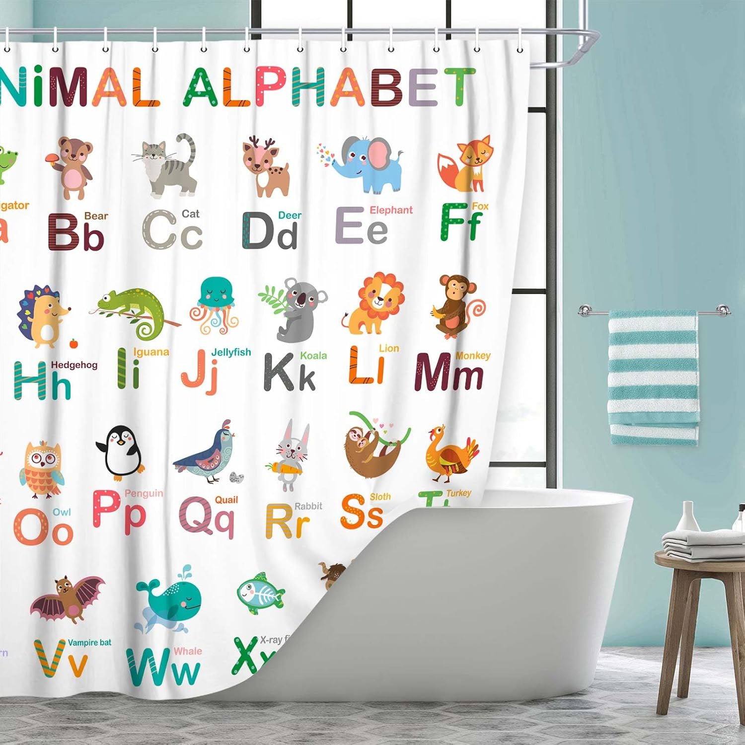 DYNH Alphabet ABC Learning Shower Curtain for Kids Bathroom, Animals Kids Educational Decorative Bath Shower Curtain, Cute Cartoon Funny Bathroom Curtain with Hooks,72X78IN