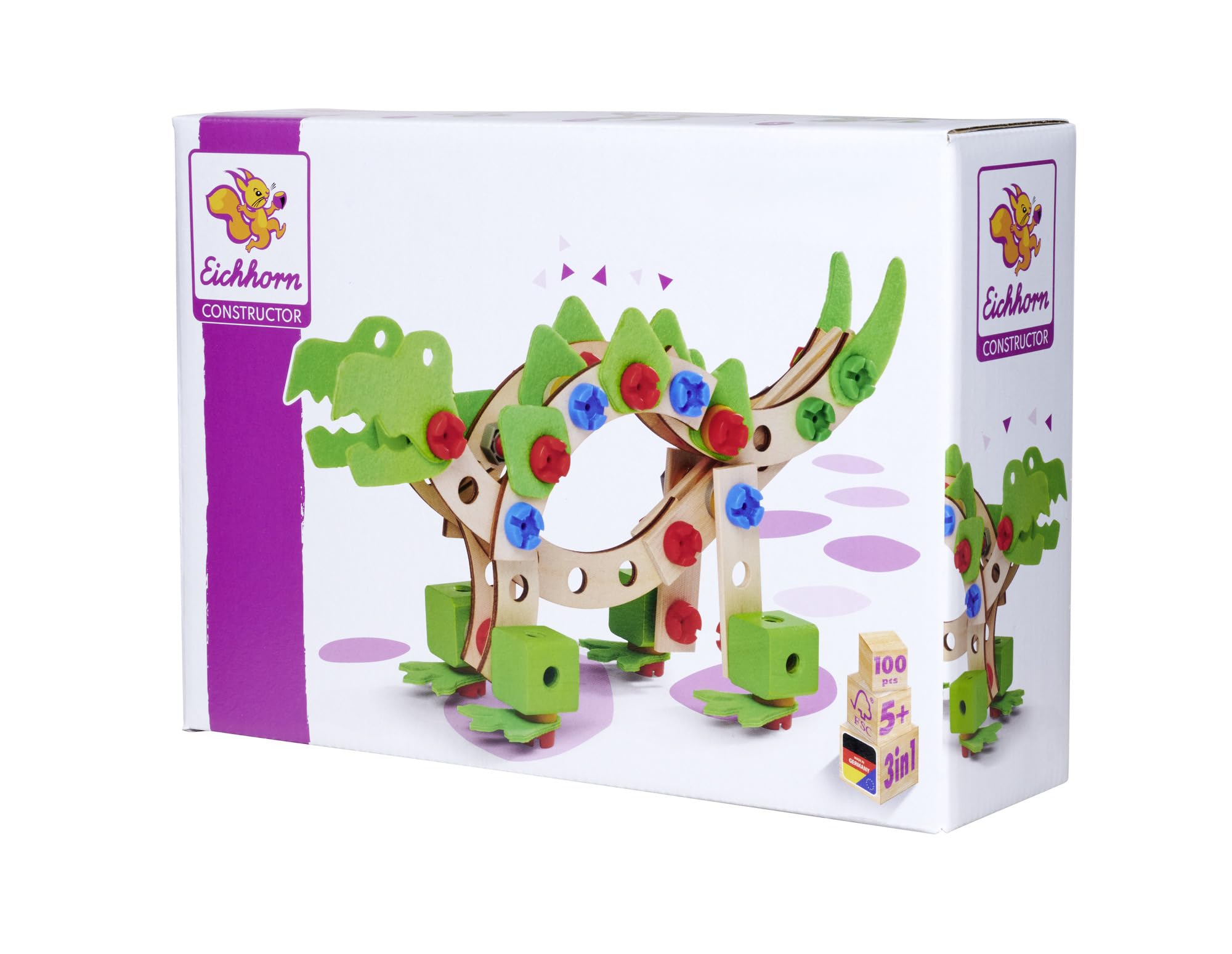 Eichhorn - Constructor Dinosaurier, 3 Modellvarianten: Stegosaurus, T-Rex, Bronchiosaurus, 100-tlg., 100% zertifiziertes Buchenholz, ab 5 Jahren