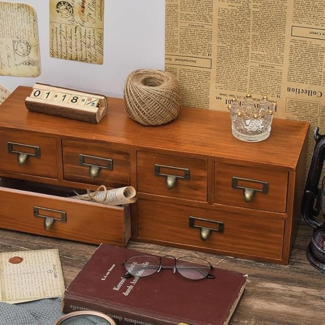 Tabletop Wood Storage Cabinet with 6 Drawers, Desktop Organizer Cabinet with Label Slots Retro Storage Box with Handles Brown for Living Room Kitchen