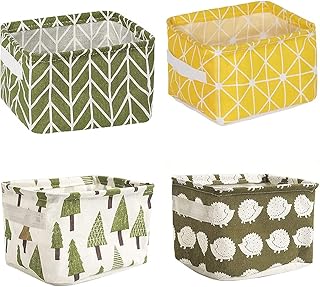 4 Pièces Mini Paniers Rangement Carrés, Corbeilles de Rangement en Tissu de Coton et Lin, Boîtes de Rangement Pliables pour Bébé, Imperméable Petits Paniers Rangement Tissu Pour Bureau, Jouets