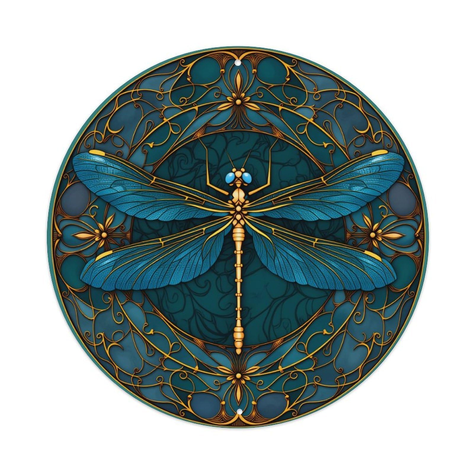Dragonfly Artistic Stained Glass Pattern Vintage Metal Tin Sign Retro Wall Decor for Home Bar Garage Cafe, Indoor & Outdoor Decorative，circle Metal Poster, 8x8 Inch