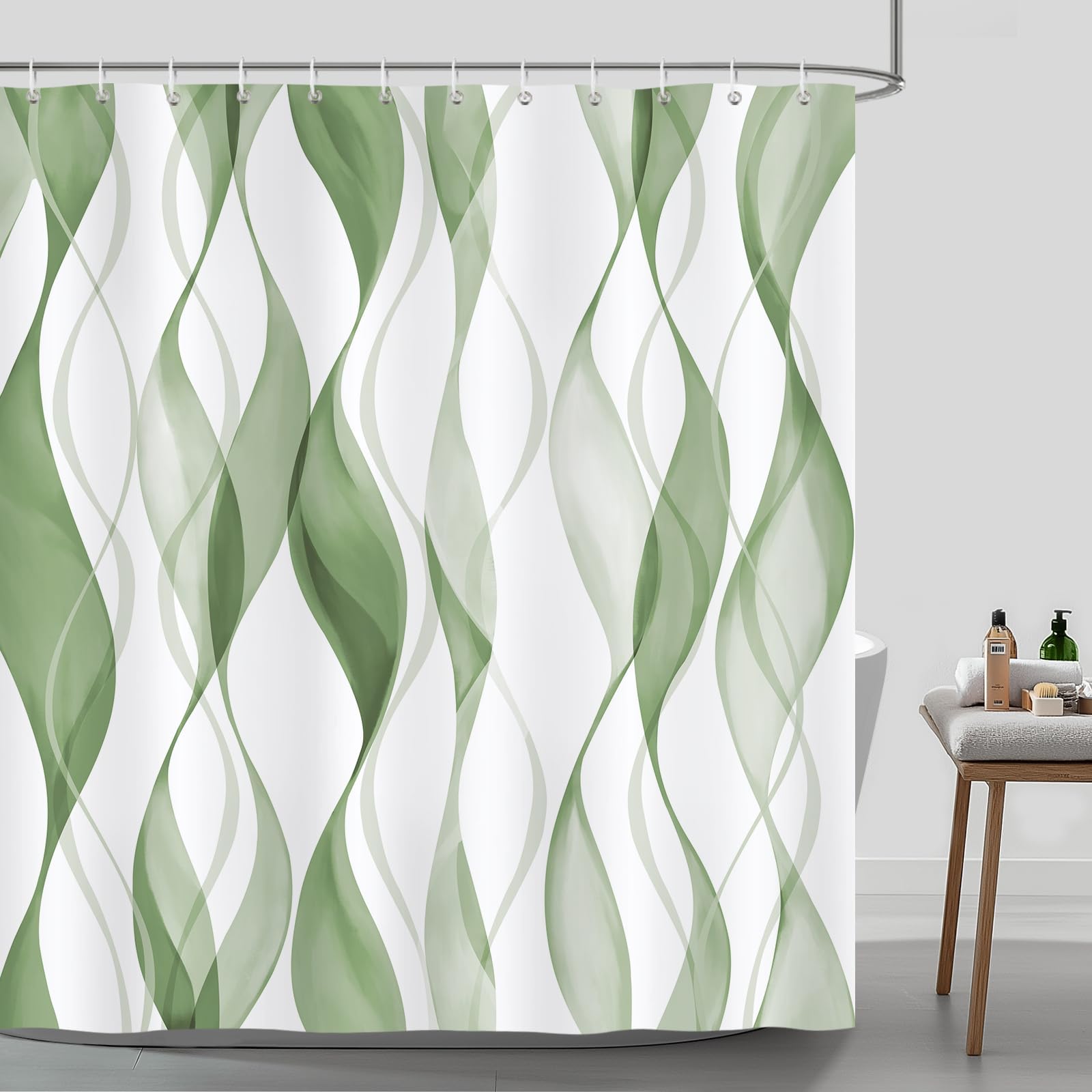 Rideau de Douche à Rayures Vert Sauge, Rideau de Salle de Bain Moderne et Minimaliste en Polyester imperméable avec 12 Crochets, 240x200cm(LxH)