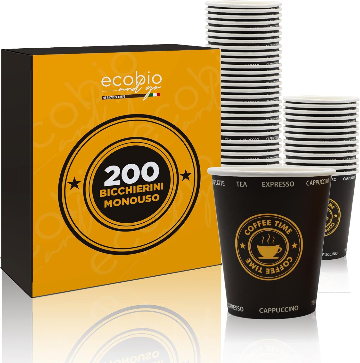 Ecobio and Go - 500 Bicchieri Acqua di Carta, 8oz (240ml), Biodegradabili e Compostabili, Perfetti per Bevande Calde e Fredde, Nessuna Plastica, Black Edition