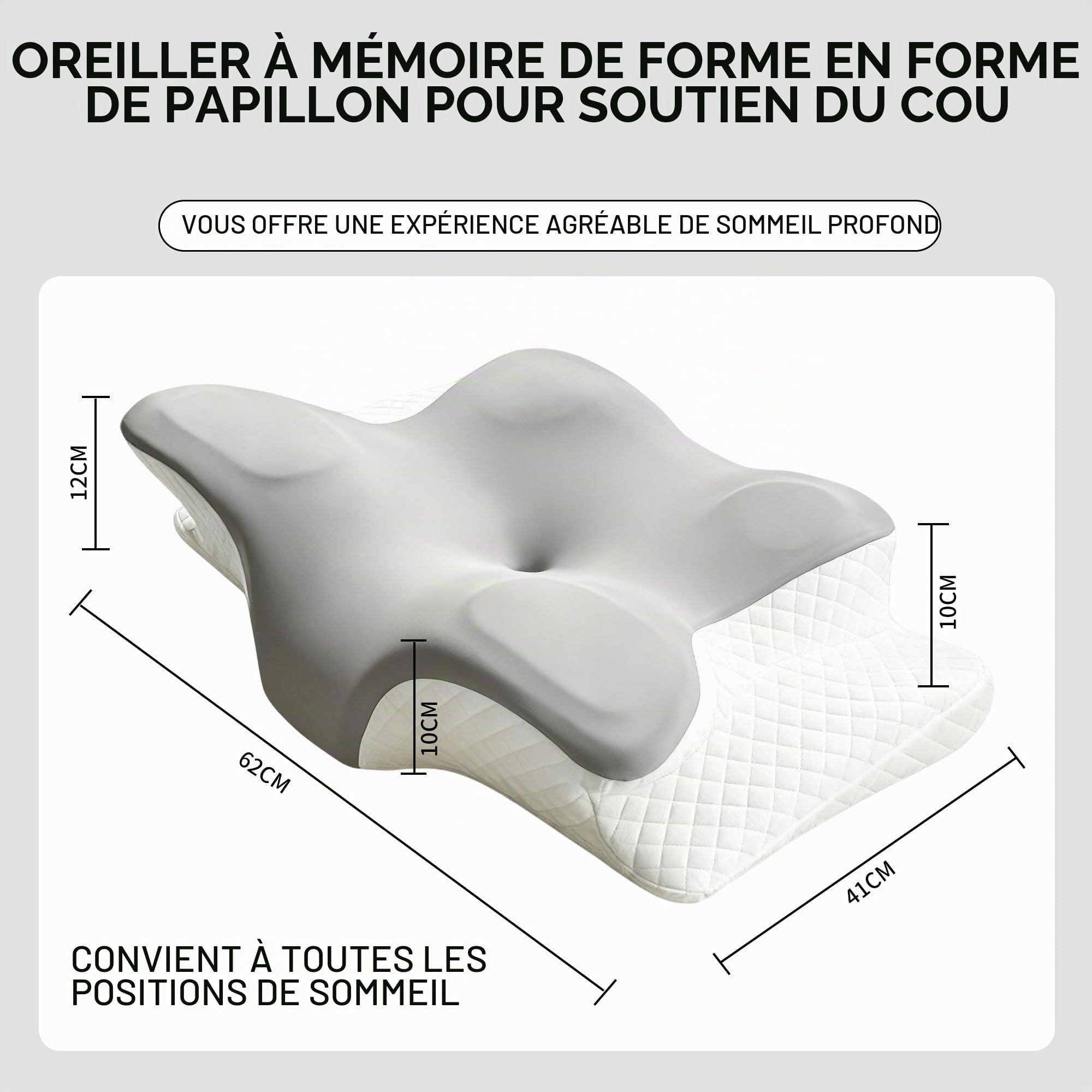 Oreiller cervical ergonomique en mousse à mémoire de forme - Oreiller orthopédique avec housse amovible - Parfait pour les personnes dormant sur le dos, sur le côté et sur le ventre (gris