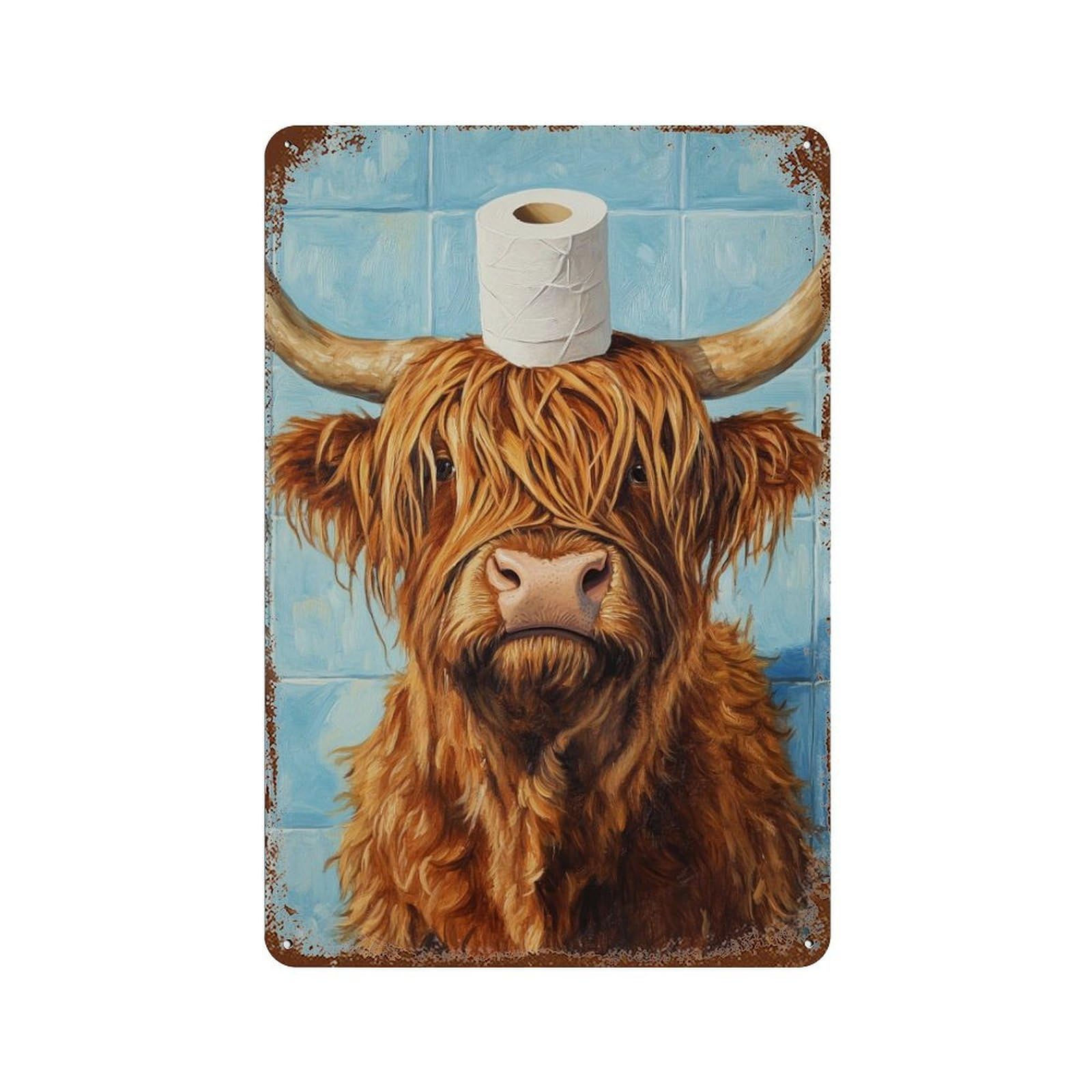Scottish Highland Cow with Toilet Paper Retro Metal Sign 11.8"x7.9", Decorative Metal Wall Art for Basement, Hobby Room And Garage Decor