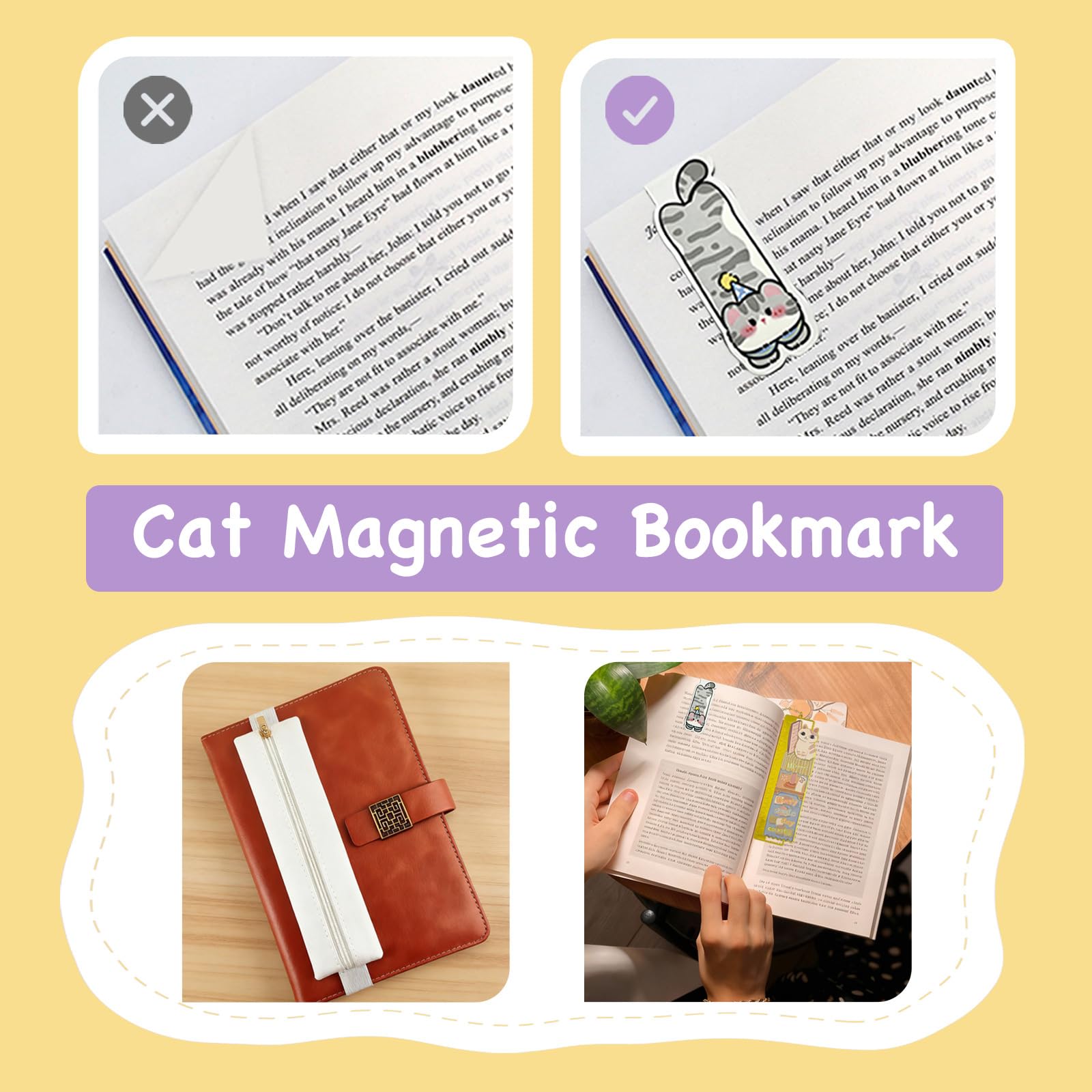 Marcapáginas de gato con soporte para páginas de pulgar, soporte para bolígrafos y marcador magnético de gato, marca de libro de metal para leer, accesorios de libros como regalos para amantes de los