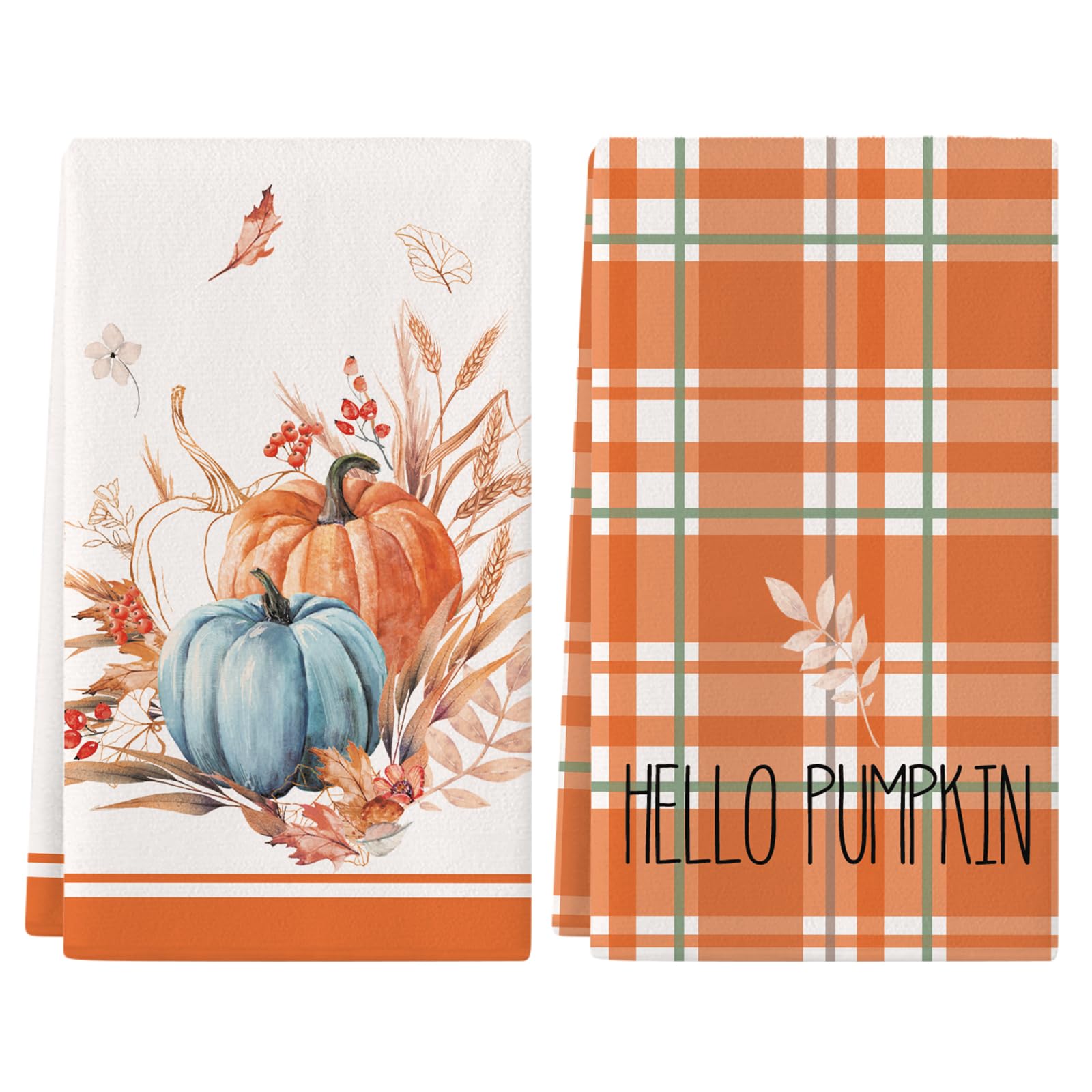 Fall Kitchen Towels Set Of 2 – 18x26 Inch Absorbent Dish Towels With Autumn Pumpkin Design, Hanging Loop For Thanksgiving Harvest Decor