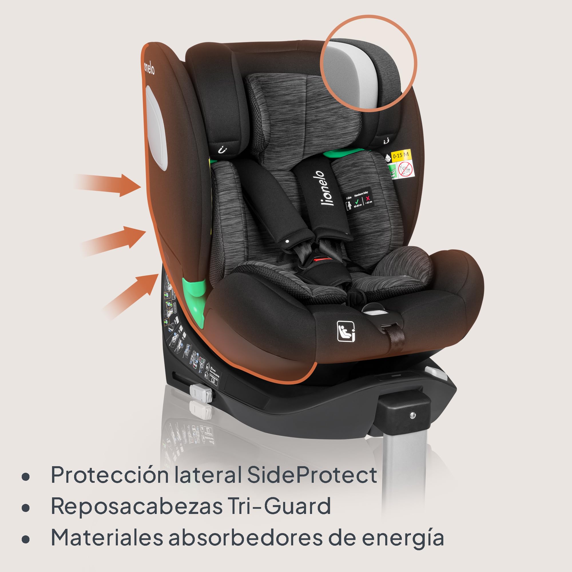 LIONELO BRAAM i-Size Silla de Coche para Bebé Giratoria 0-36kg, Instalación Delantera y Trasera, sistema de anclaje ISOFIX+, pie estabilizador, Reposacabezas y Respaldo Ajustable