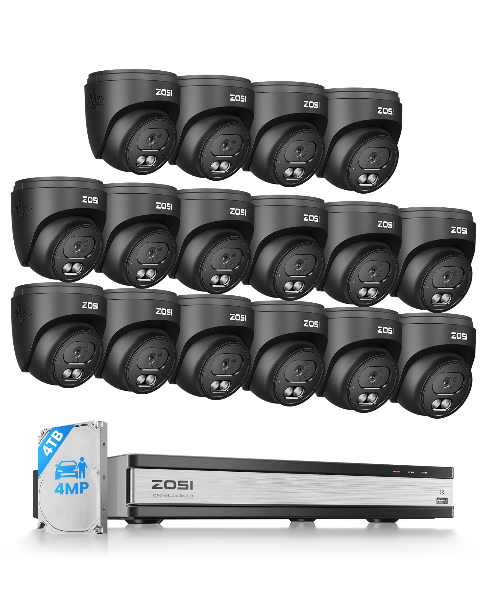 ZOSI C220 16CH 4K 8MP PoE Home Security Camera System, 16 Channel 4K NVR with 4TB HDD for 24/7 Record, 16 x 4MP(1440p) 2.5K QHD Dome IP Cameras
