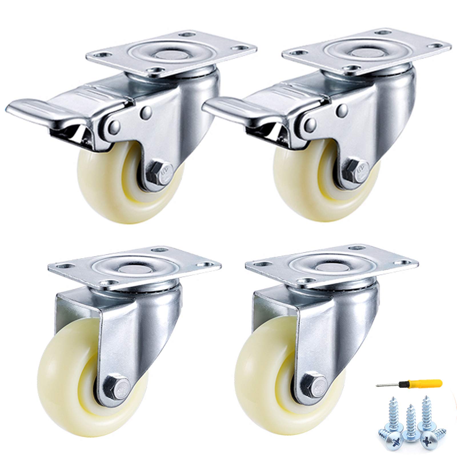 Ruote girevoli in nylon per carrelli industriali con doppio cuscinetto – Set di 4 (76 mm) – Freno e misura universale