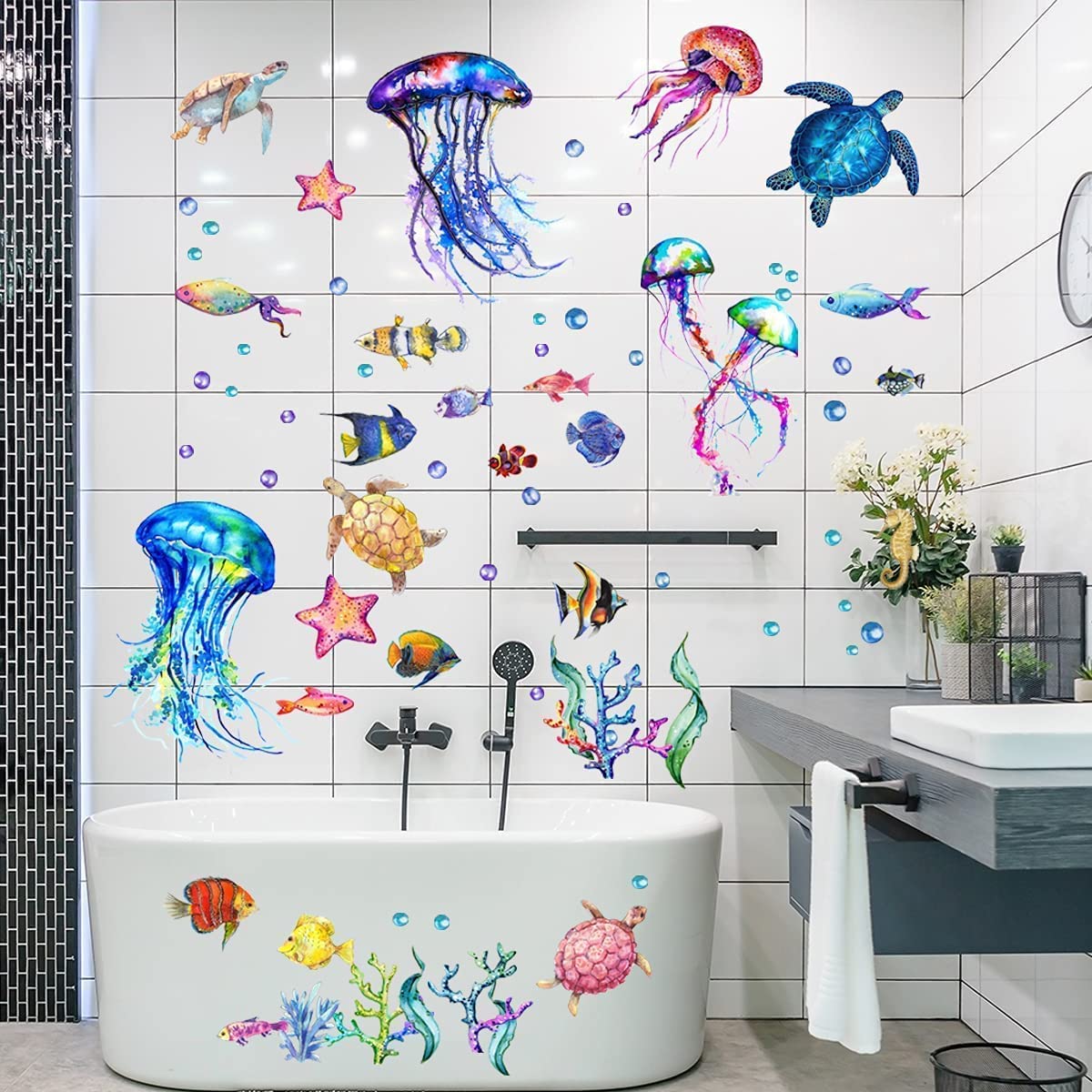 Decalmile s Muraux sous la Mer Autocollant Mural Tropicale Poisson Méduse Océan Décoration Decalmile s Muraux sous la Mer Autocollant Mural Tropicale Poisson Méduse Océan Décoration