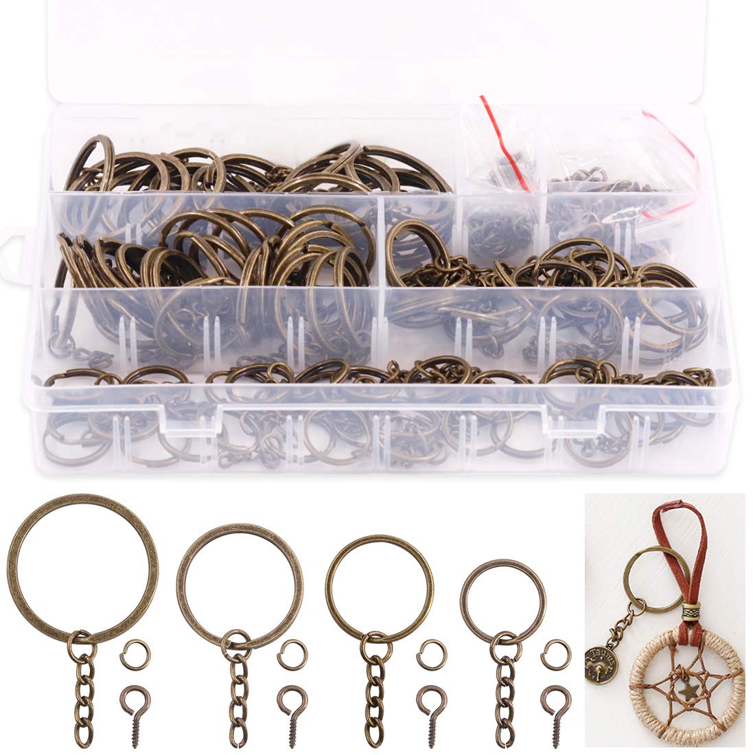 Keadic 300Pcs Bronze Flat Key Chain Rings with Chain and Screw Eye Pins Kit, Assorted Keychain Rings for Crafts Jewelry Making (Nickel Plated, 4 Different Sizes 20/25/30/35mm)