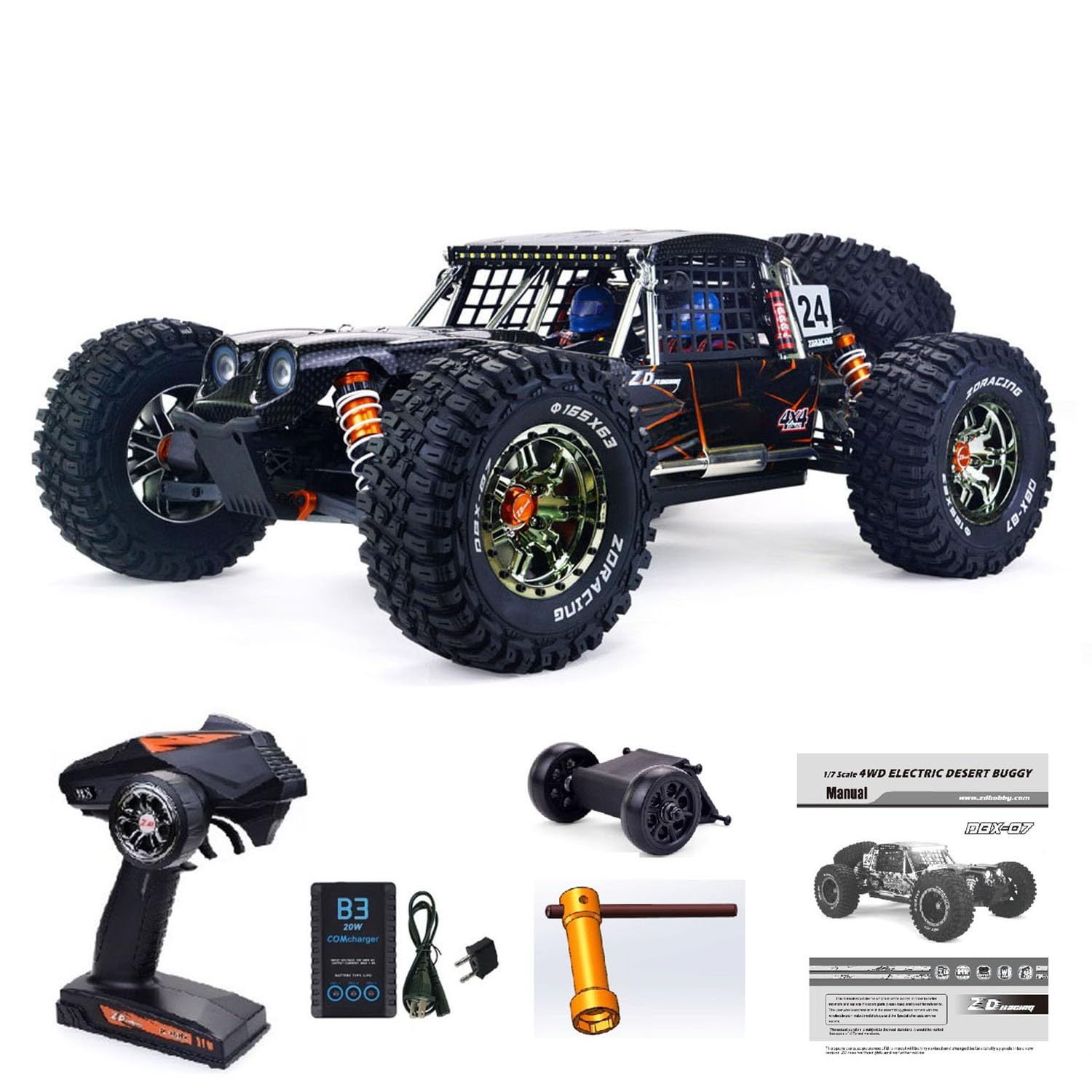 Racing 1/7 DBX07 4WD RC Buggy da Deserto, Telecomando Elettrico, Auto da Corsa Fuoristrada, 80KM/H Alta Velocità, Motore Brushless 4082, Barra Wheelie, Modello per Hobby, Grado per Adulti