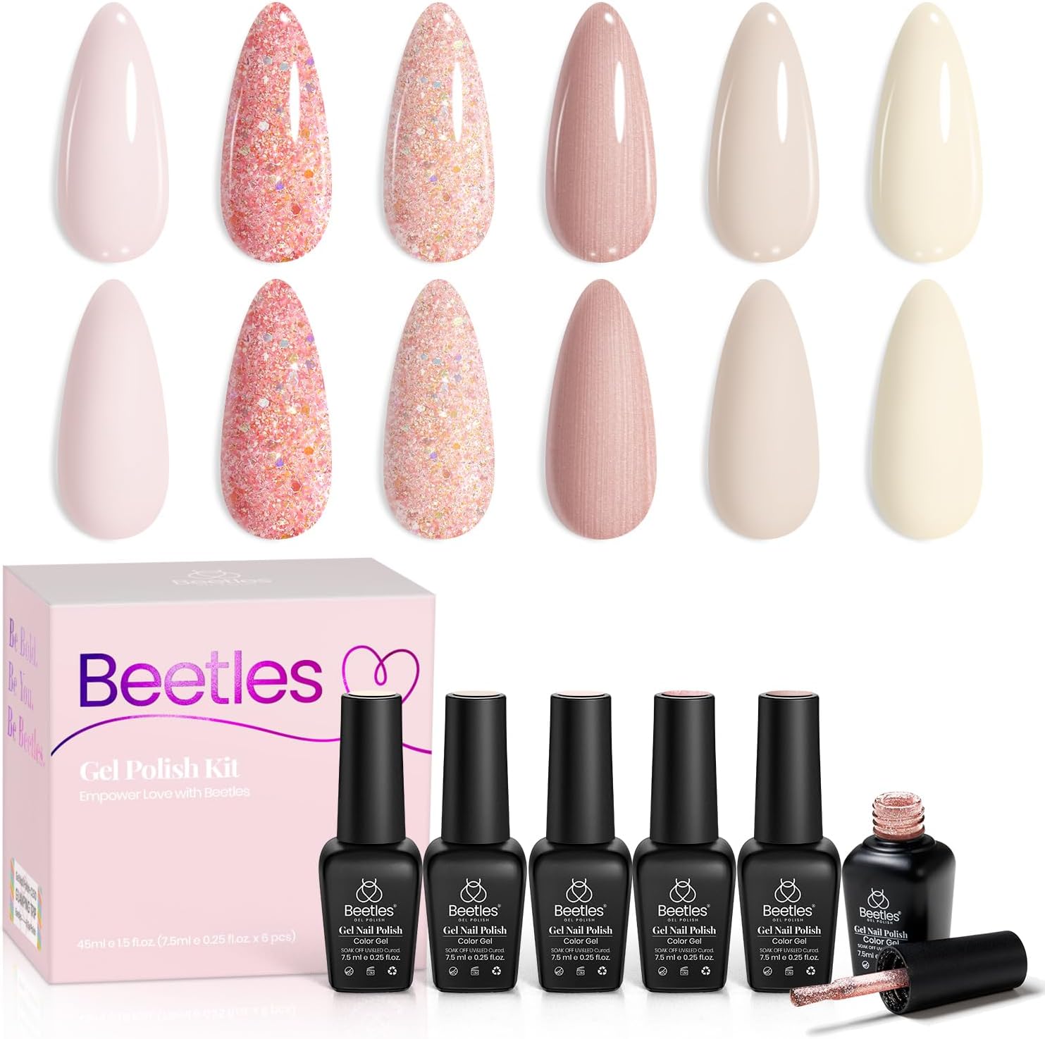 beetles Gel Nail Polish 6 Colors, Pink Champagne Glitter Gel Nail Kit Old Money Collection Nude Pink Cream Color Soak Off UV LED Nail Polish Manicure Kit for Women Girls Back to School Nails