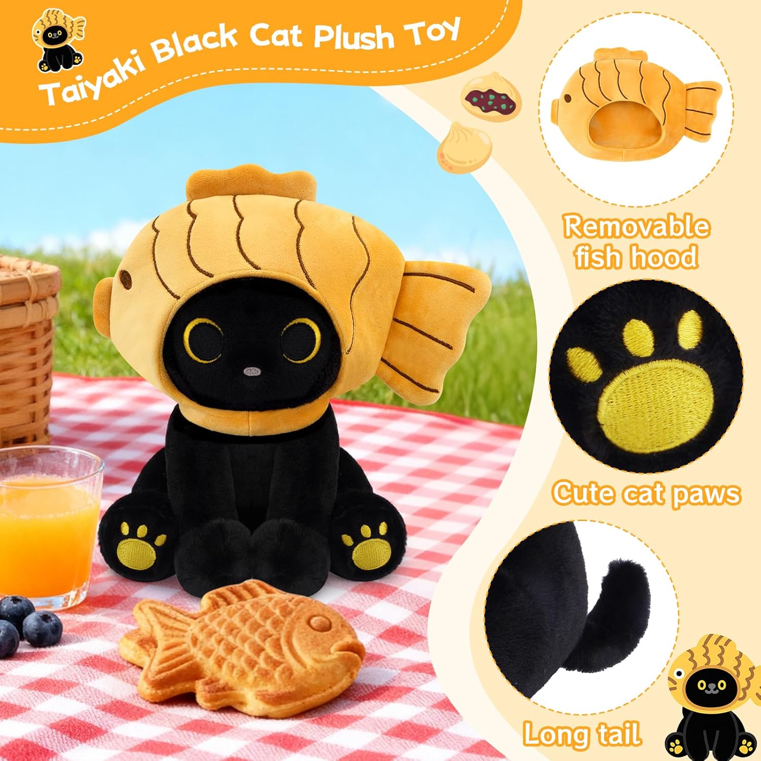 Fish Stuffed Animal Cat Plush, 8inches Black Cat Plush with Brown Taiyaki Hood Removable, Kawaii Stuffed Kitten Doll Toy Cute Plushies for Girls Kids Boys，Christmas Birthday Gifts