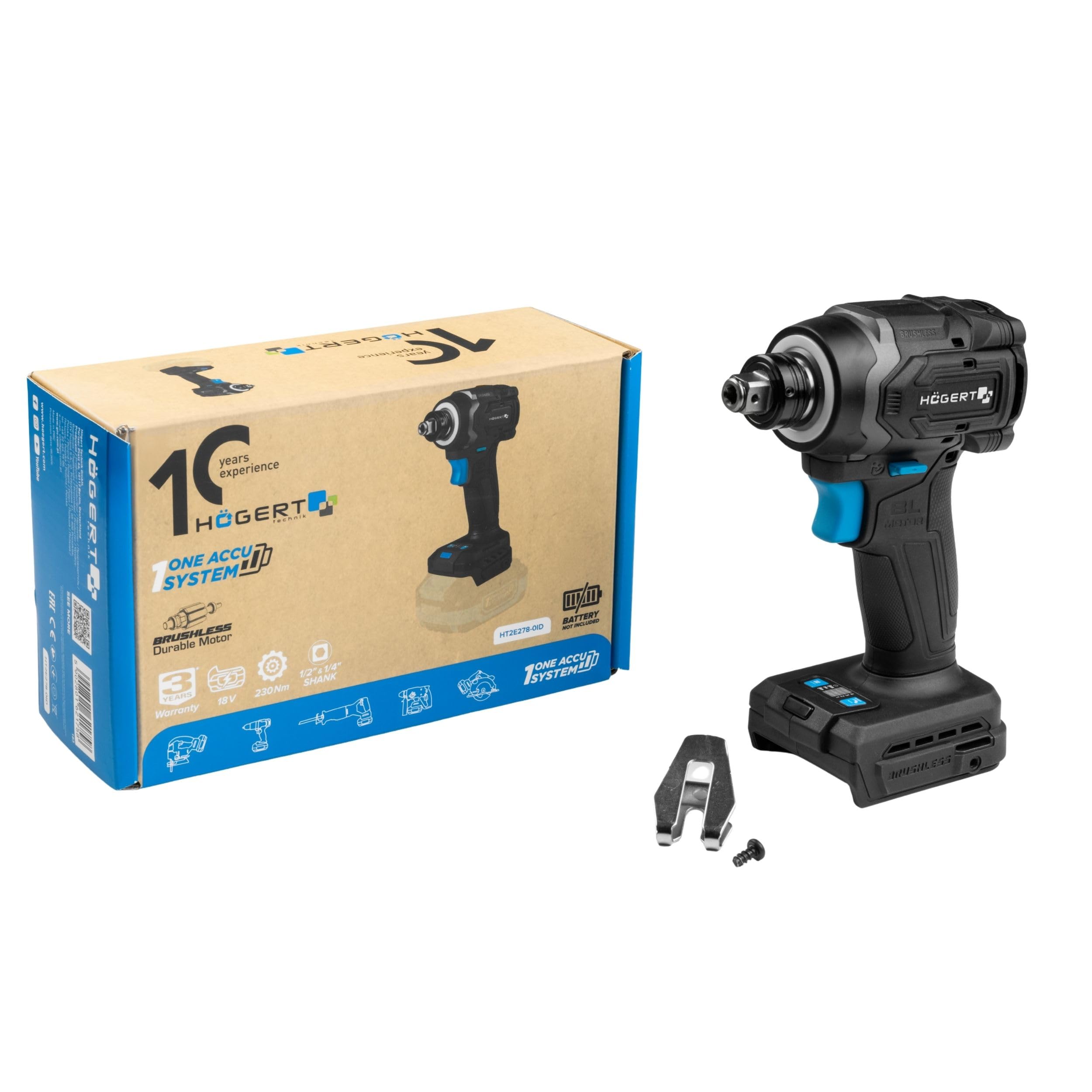Högert Technik Llave de Impacto a Batería 18V OneAccuSystem, motor sin escobillas, 230 Nm, atornillador de impacto 2 en 1, 1/4" HEX y 1/2" cuadradillo, para taller y montaje, sin batería