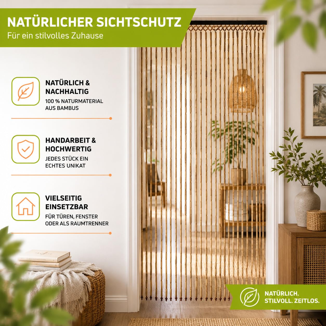 Kobolo Türvorhang BAMBOO 90x200cm braun, Bambus Perlenvorhang mit 31 Strängen je 0,8,cm & Holzleiste, dekorativer Fadenvorhang als Insektenschutz & Raumteiler für Balkon- & Terrassentür, handgefertigt